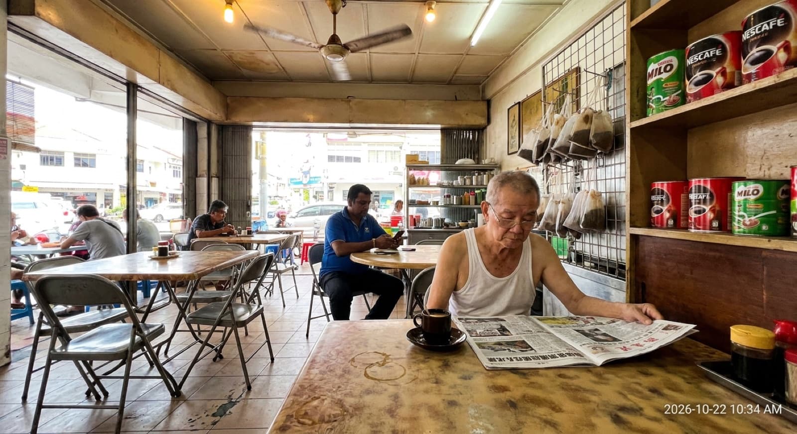 Morning at a Klang-area kopitiam — uncle with kopi and newspaper, Milo and Nescafé tins on the shelf