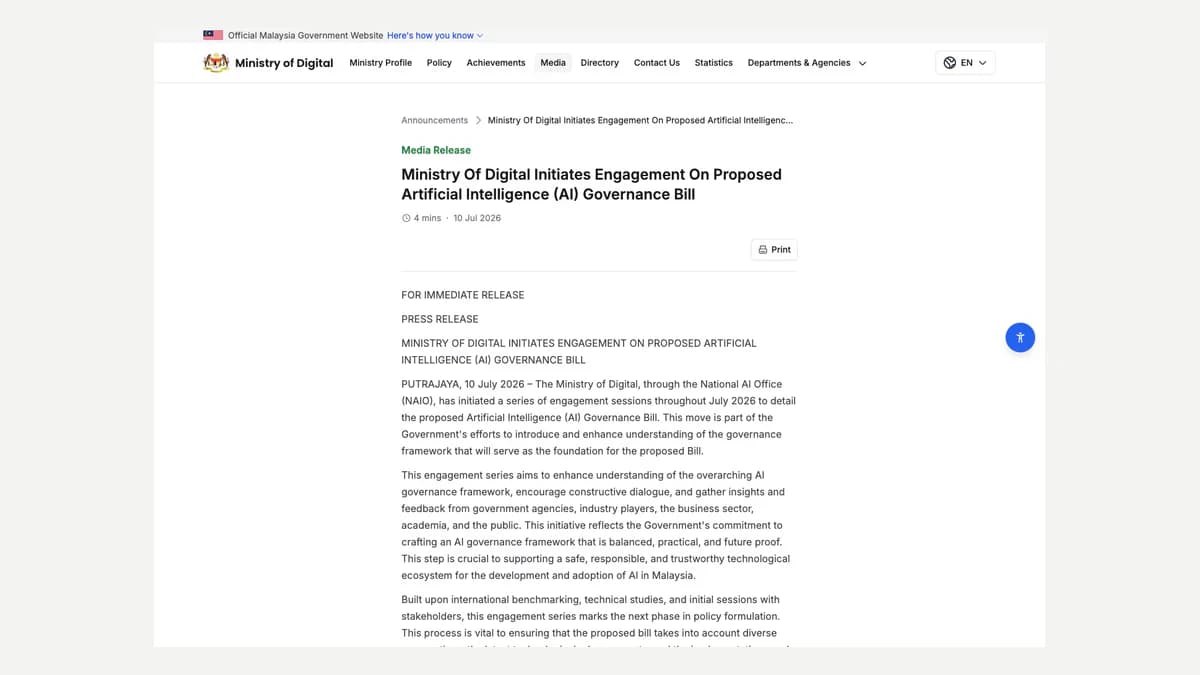 Official Ministry of Digital announcement page for Malaysia's proposed AI Governance Bill engagement
