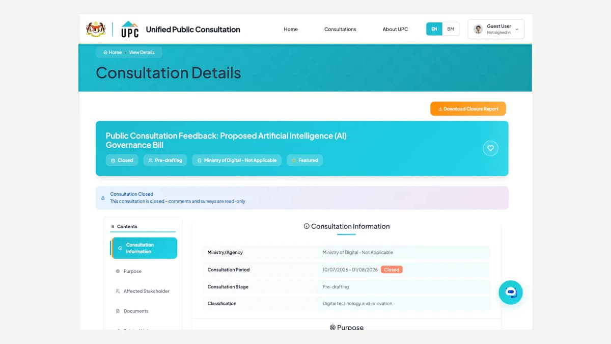 Official Unified Public Consultation page showing the proposed AI Governance Bill consultation as closed and pre-drafting