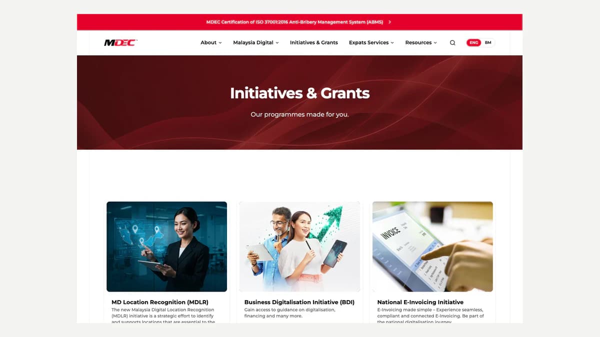 Official MDEC Initiatives and Grants page showing programmes for Malaysian businesses