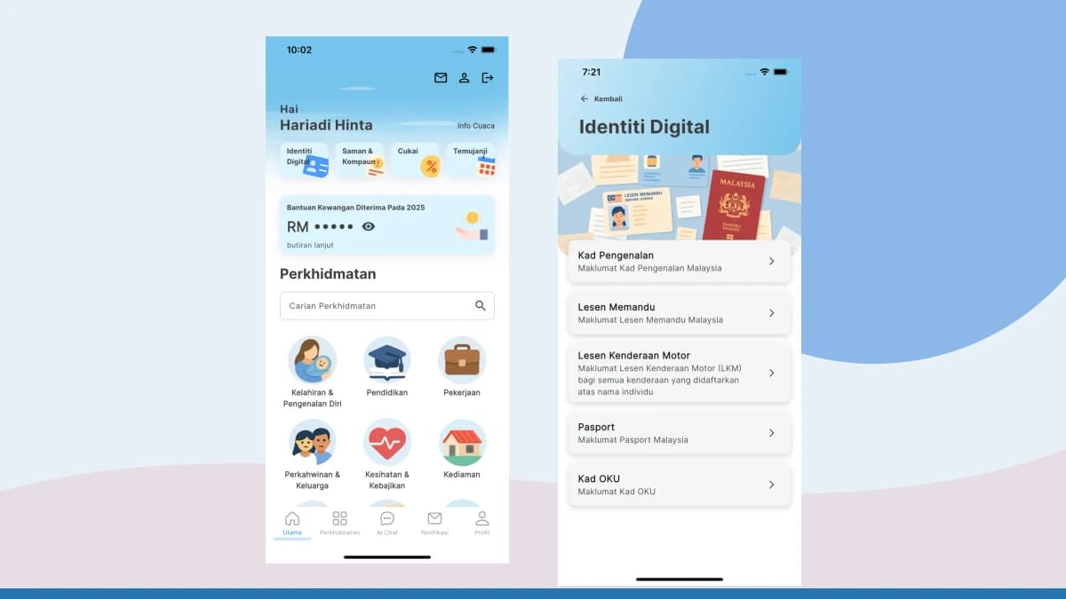 Two official MyGOV app screens showing the service home page and Malaysia Digital Identity