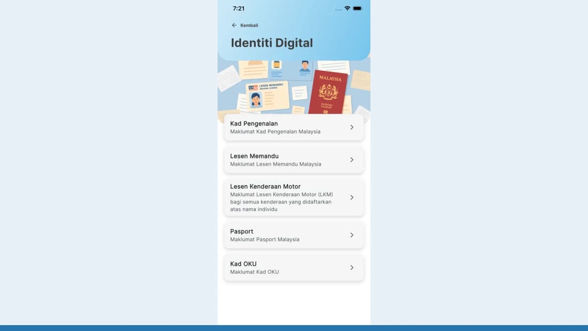 Official MyGOV app screen showing Malaysia Digital Identity and linked government records