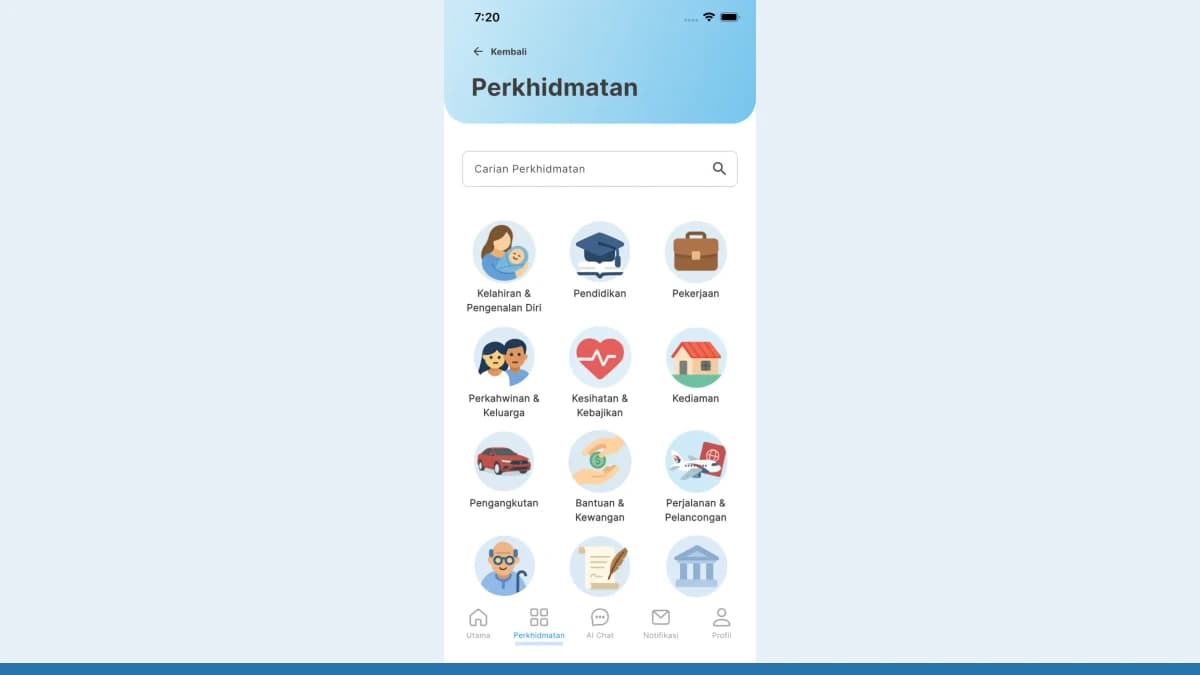 Official MyGOV app screen listing Malaysian government service categories