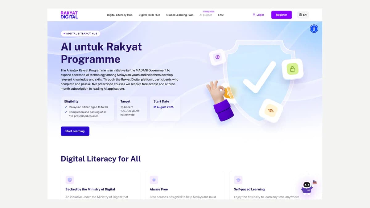 Official Rakyat Digital literacy hub showing the AI untuk Rakyat programme, eligibility and start date