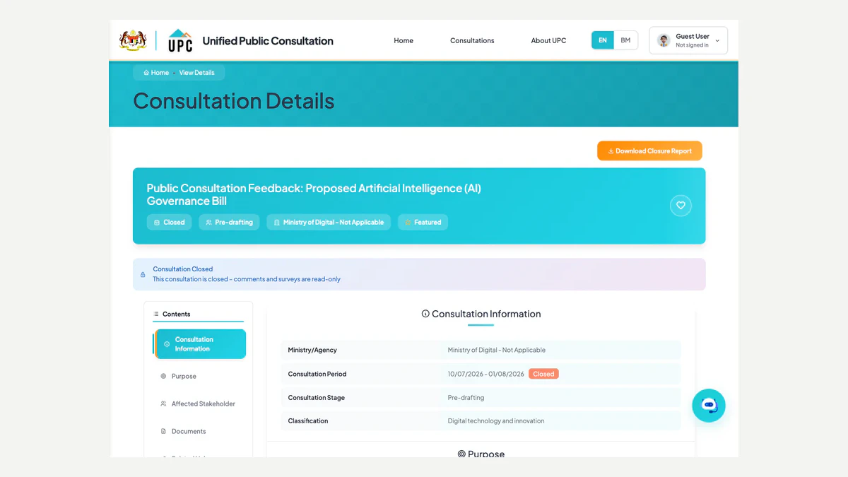 Official Unified Public Consultation page showing the proposed AI Governance Bill consultation as closed and pre-drafting