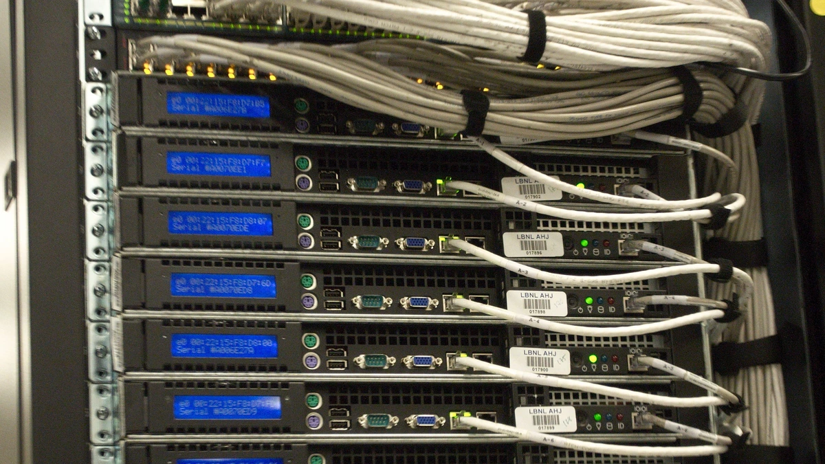 Cabling and indicator panels on the rear of a data-centre server rack