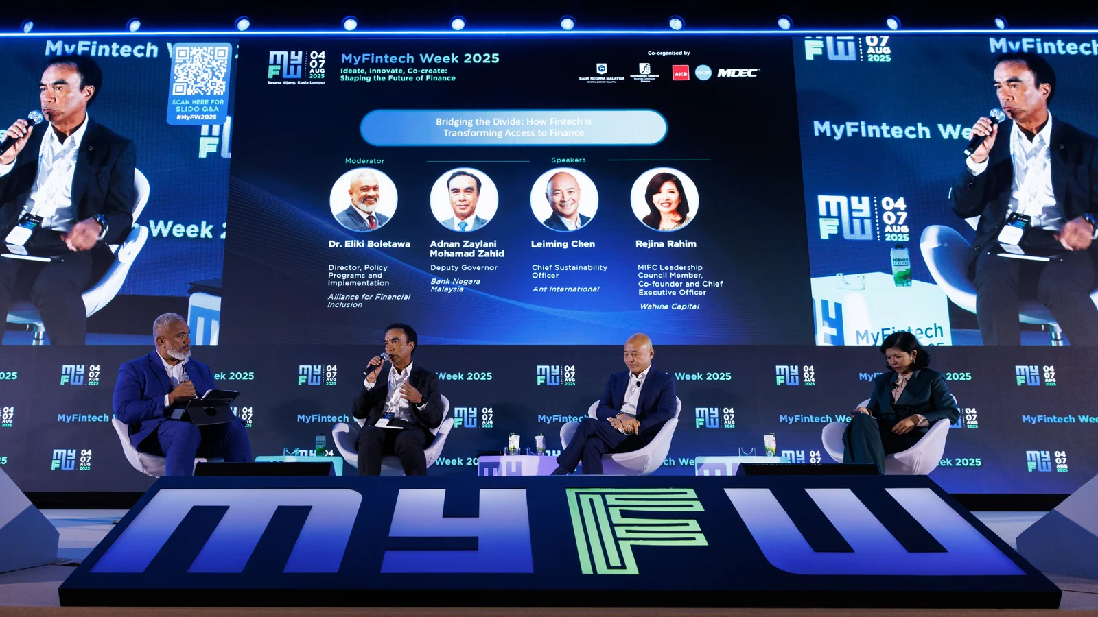 Financial-sector leaders speaking on stage at MyFintech Week 2025 in Kuala Lumpur