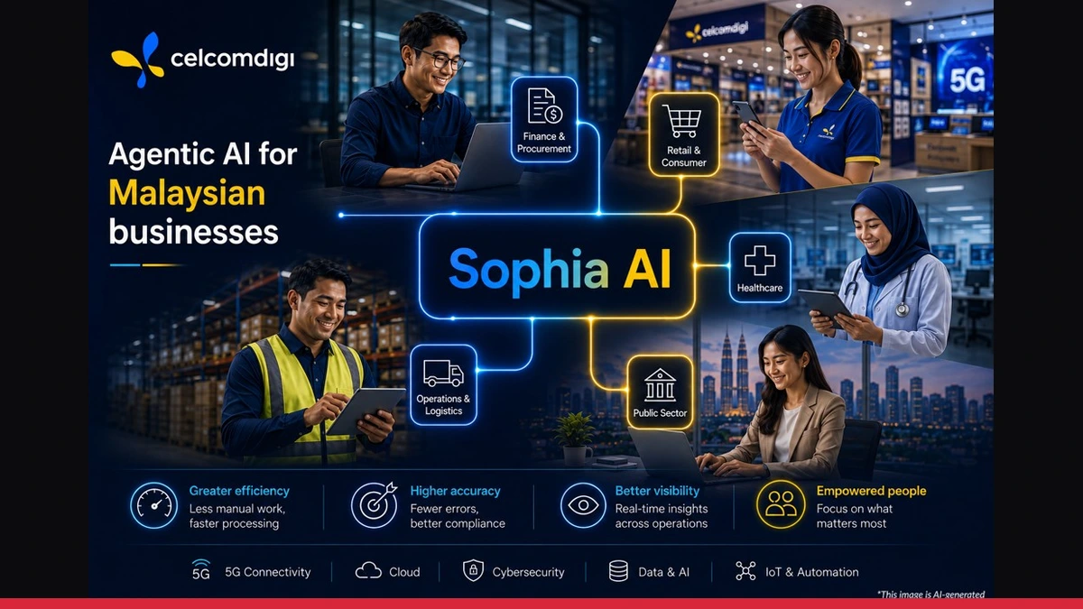 Official CelcomDigi Sophia AI launch visual showing Malaysian business use cases