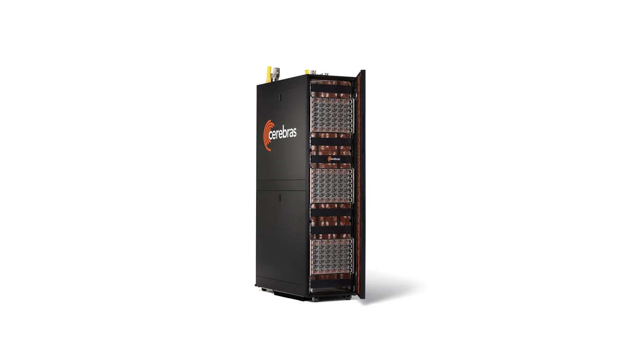 Three-quarter front view of the black Cerebras CS-4 rack with its panel fitted