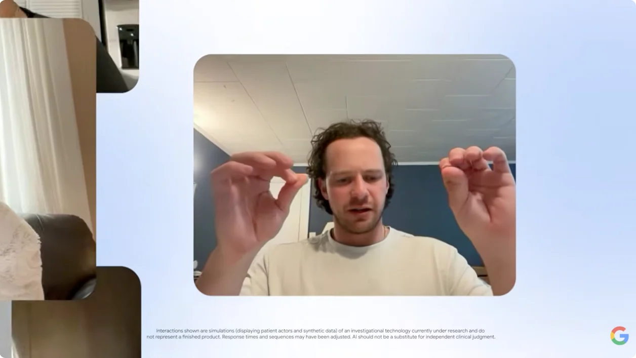 A trained patient actor follows a hand-movement prompt during Google's simulated AMIE Video consultation