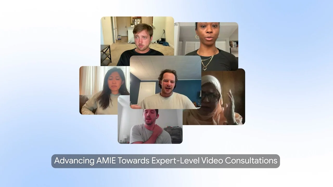 Six trained patient actors appear in a collage from Google's simulated AMIE Video consultations