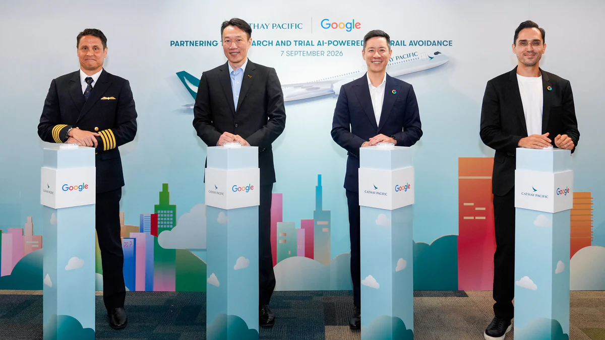 Cathay Pacific and Google representatives on stage at the contrail avoidance partnership launch