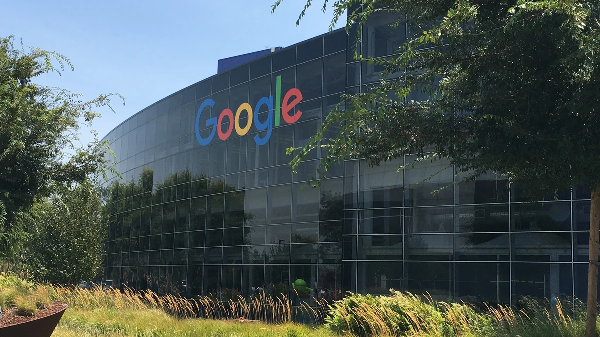 Curved glass building with the multicoloured Google logo, framed by a leafy tree and tall grass under a clear blue sky