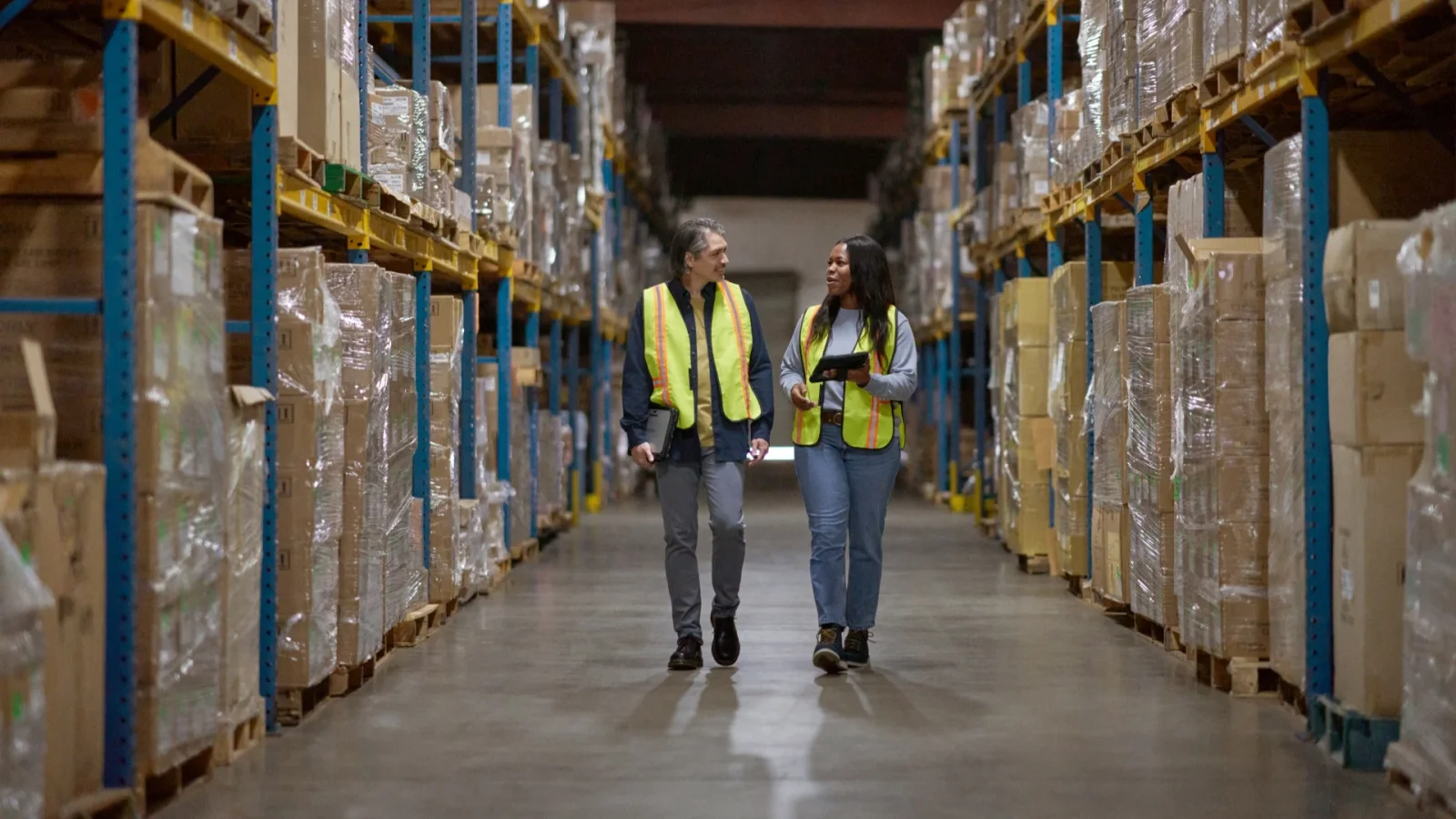 Warehouse staff use business systems beside stored goods in an official Microsoft Dynamics photograph