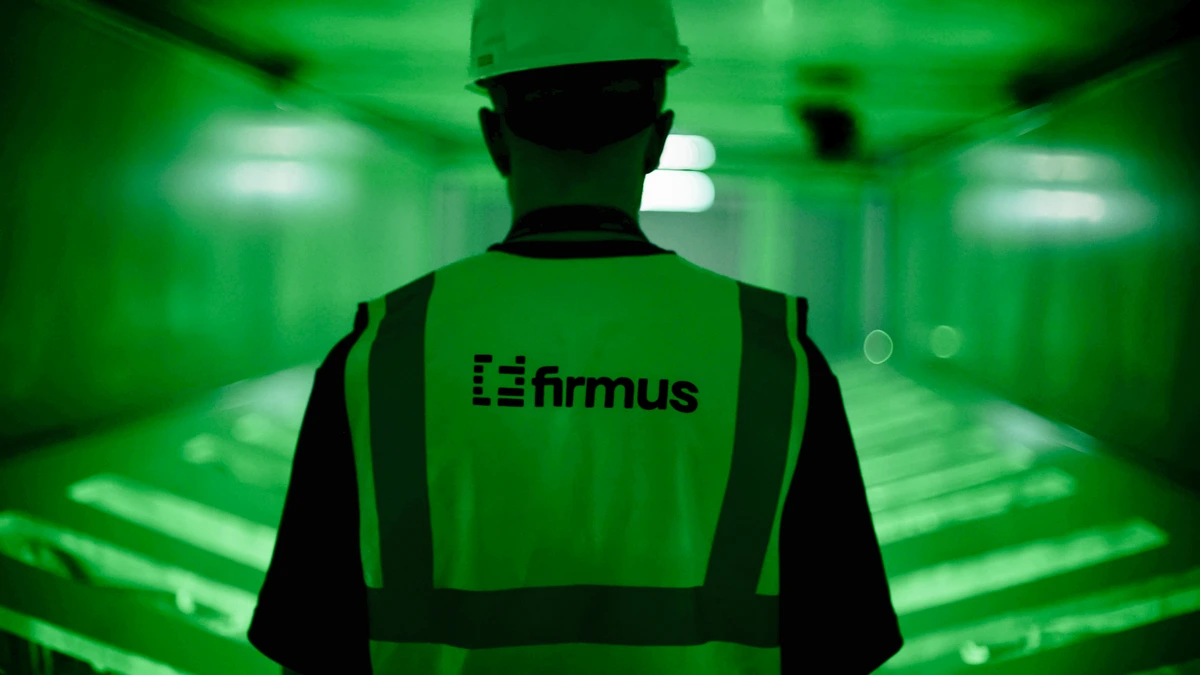 Worker in hard hat and high-visibility vest walking through a green-lit immersion cooling aisle inside a Firmus AI factory