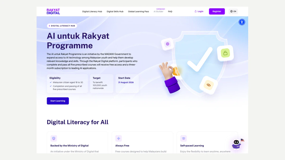 Official Rakyat Digital literacy hub showing the AI untuk Rakyat programme, eligibility and start date
