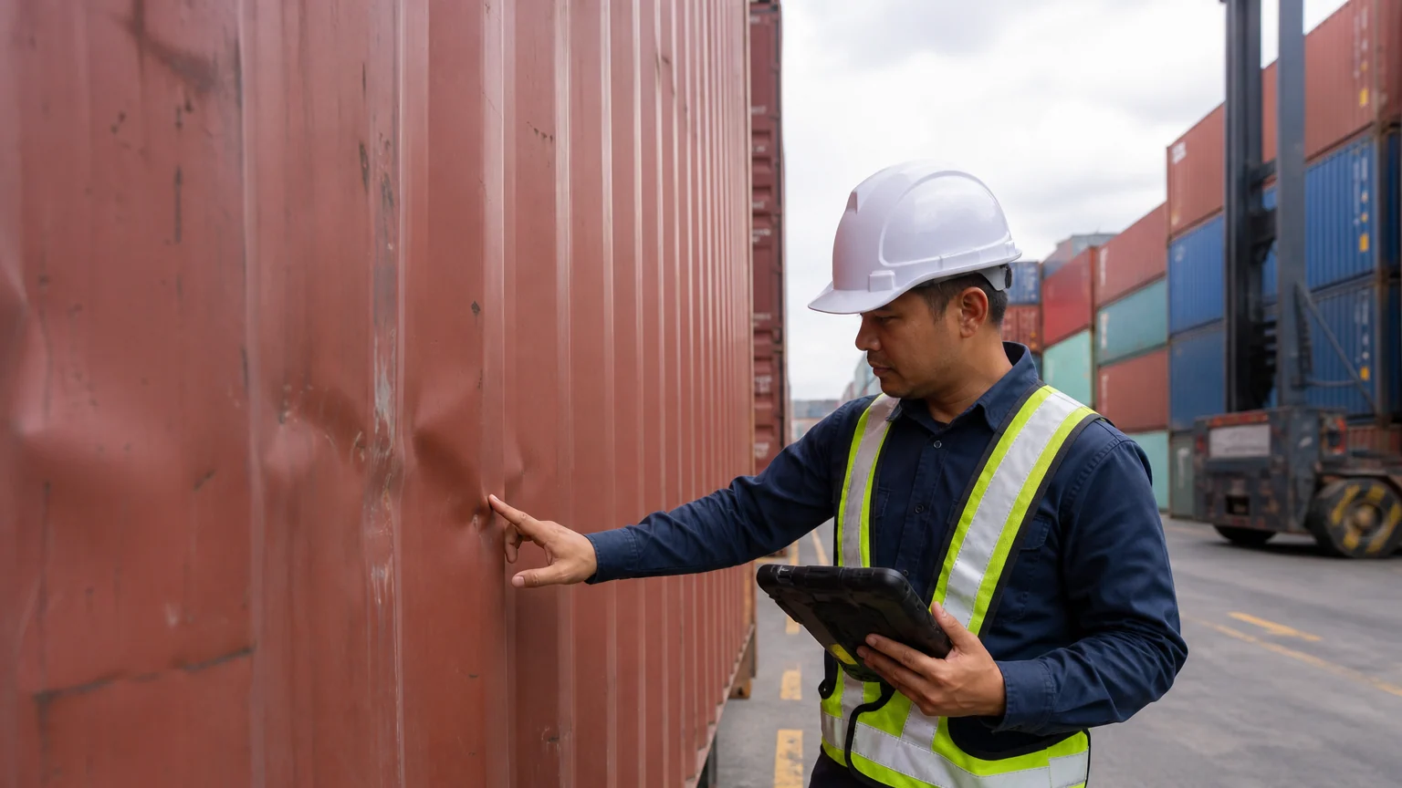 A Malaysian container-depot inspector examines a shipping container while holding a rugged tablet