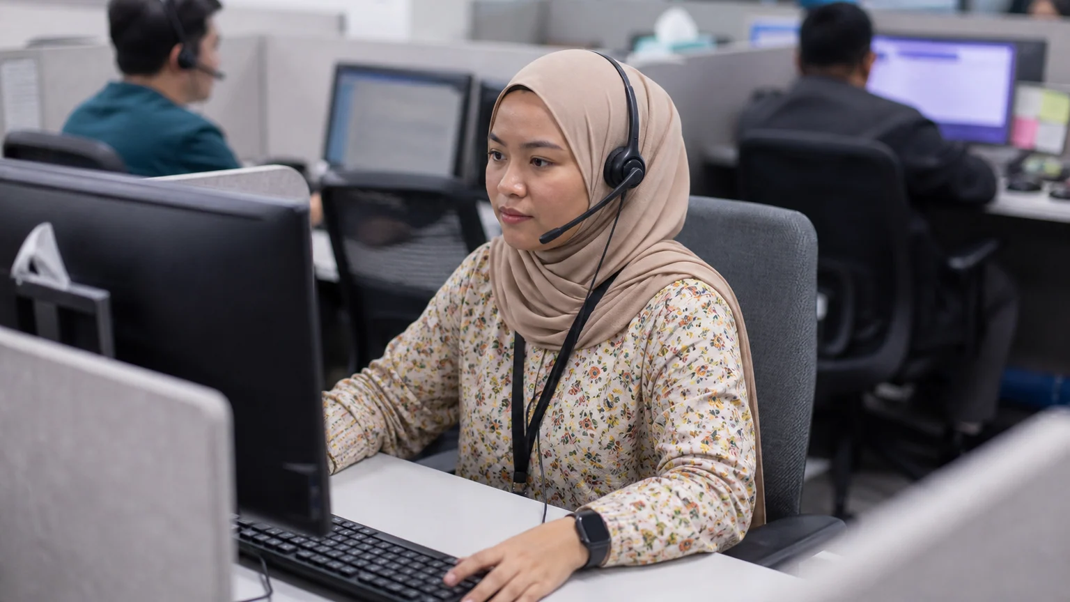 A Malaysian contact-centre agent uses a computer while speaking through a headset