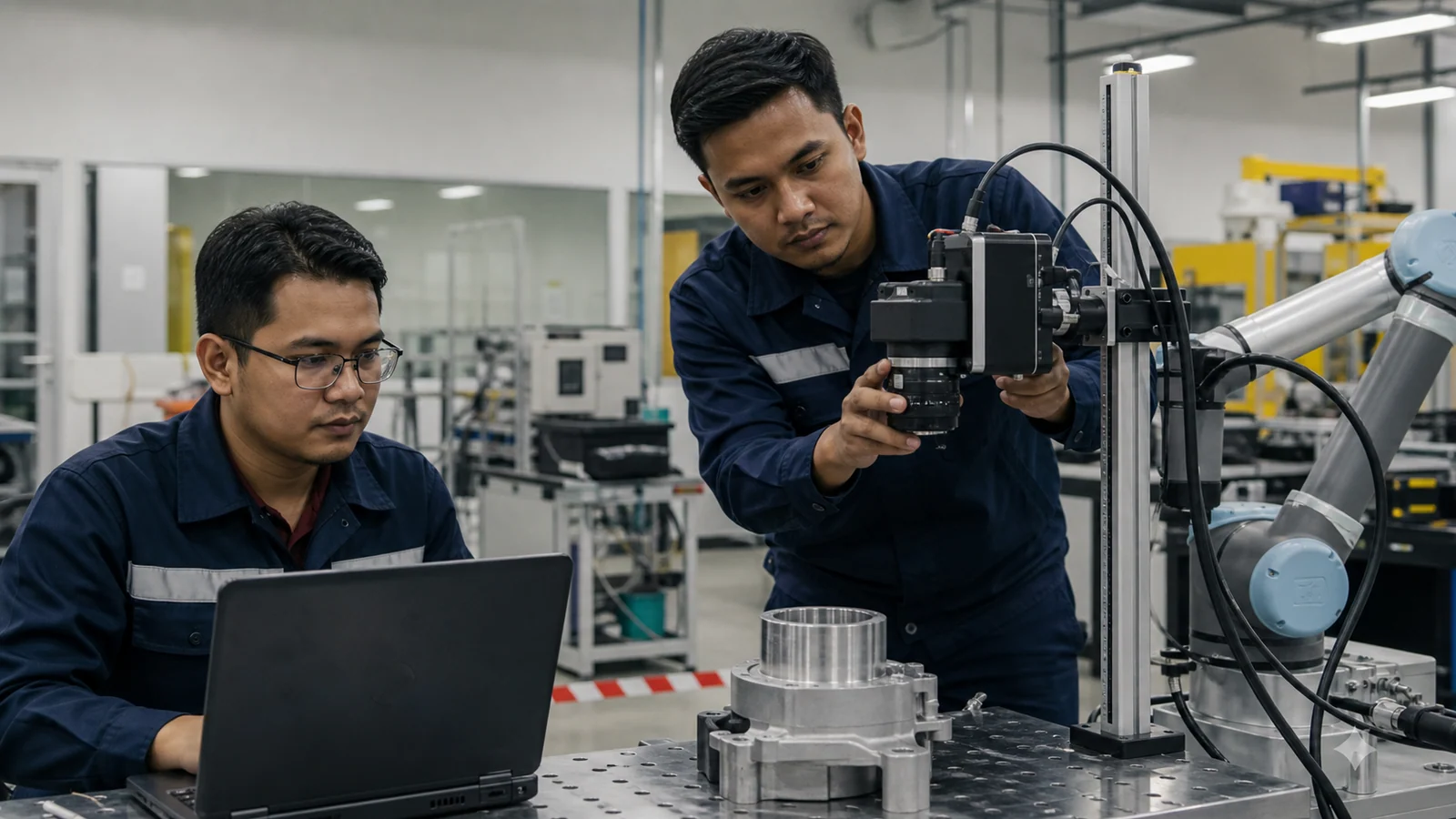 Malaysian engineers test a camera-based visual inspection system in a contextual industrial AI laboratory
