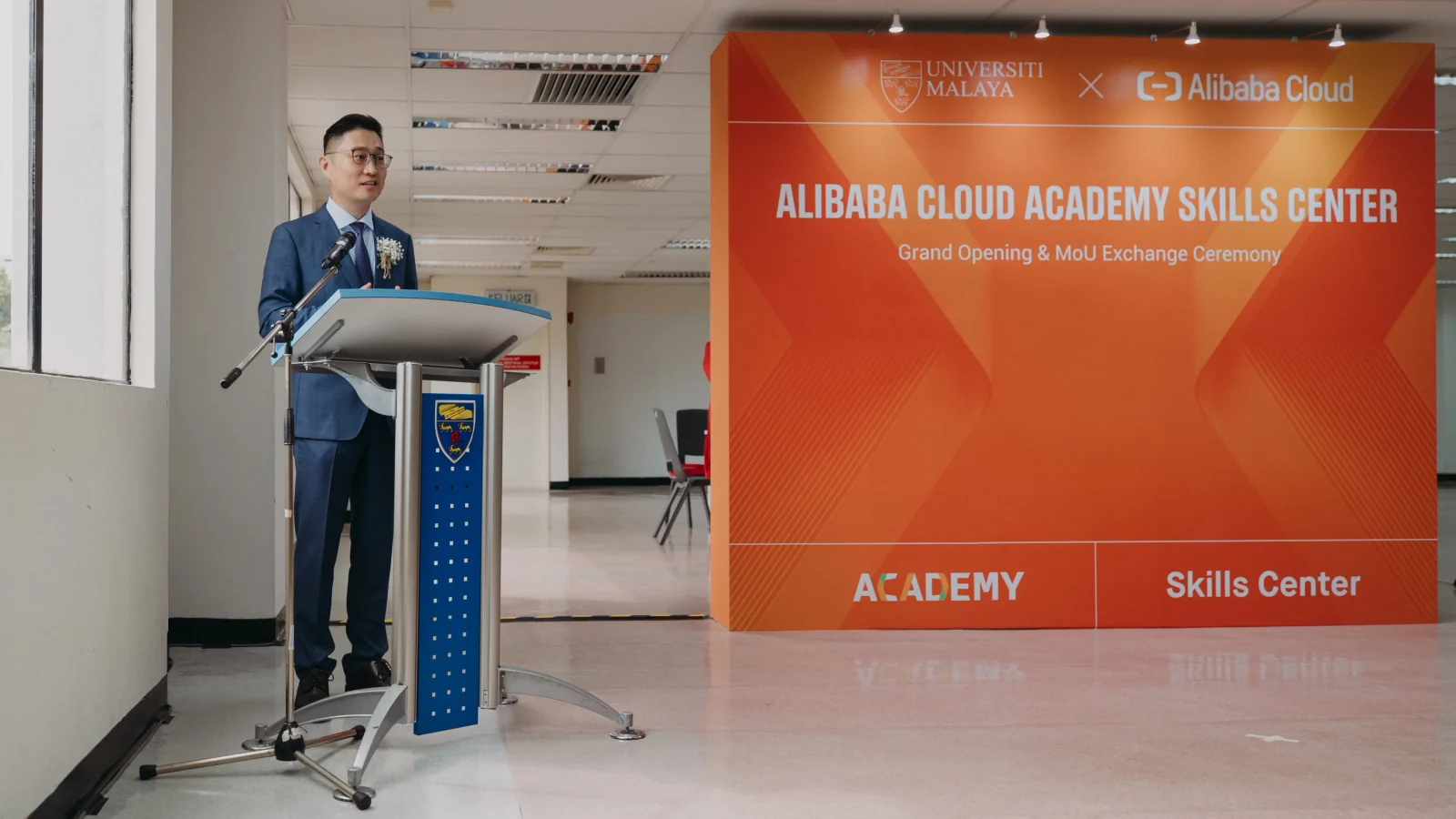 Alibaba Cloud Malaysia general manager Kun Huang addresses the Skills Centre opening at Universiti Malaya