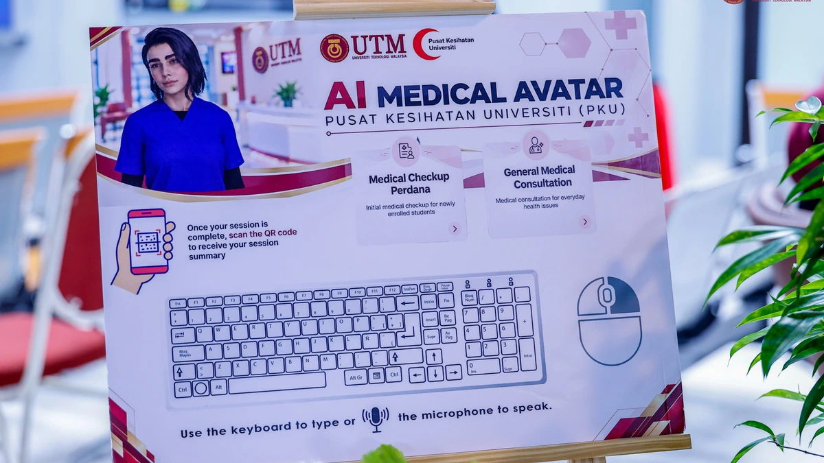 Signage for the UTM AI Medical Avatar at the University Health Centre showing a keyboard and microphone instructions